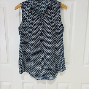 Med Navy Blue Sleeveless Patterned Women's Top Tunic Shirt Button Down